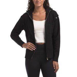 METRIC KNITS Black Zip Front Mock Neck Cardigan With Button Off Long Sleeves